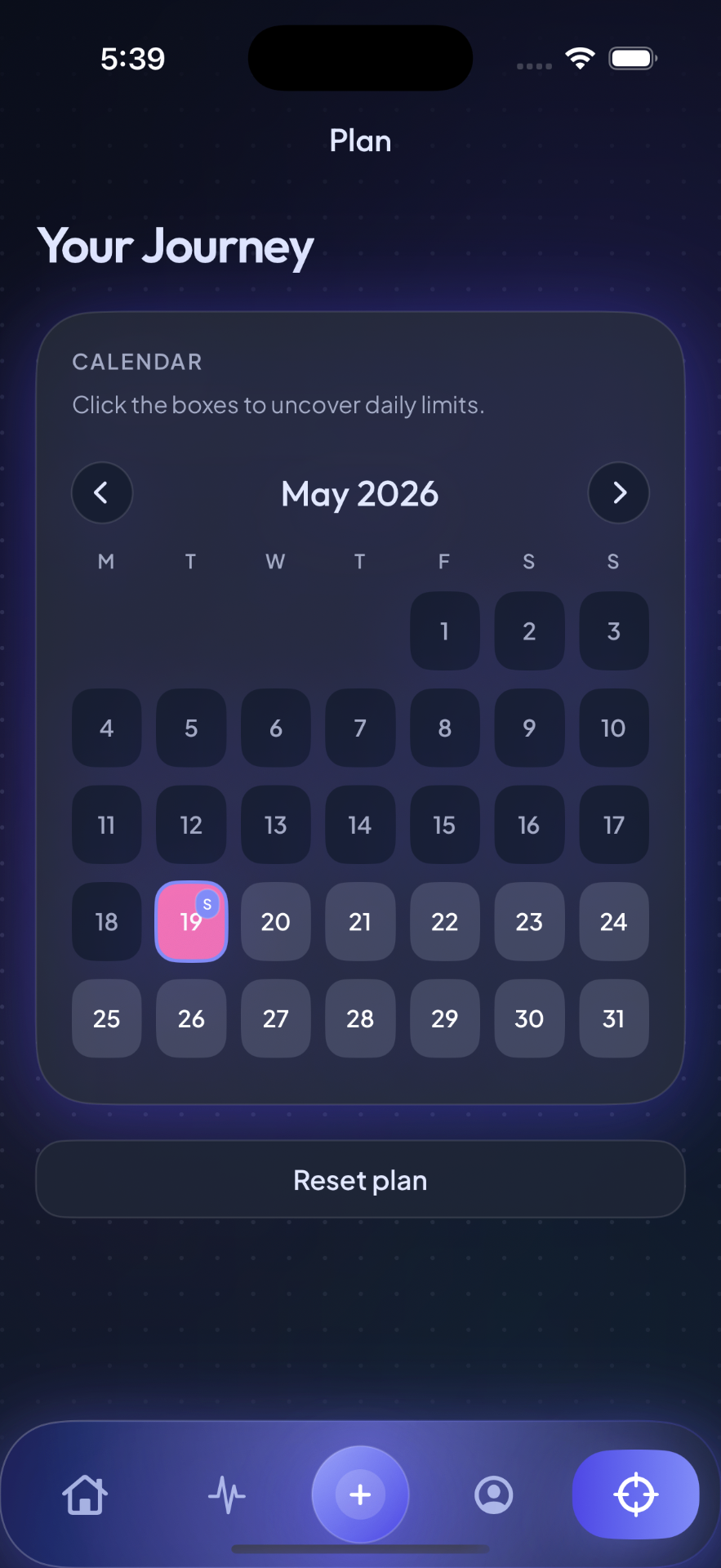 QuitNick plan screen — May 2026 calendar